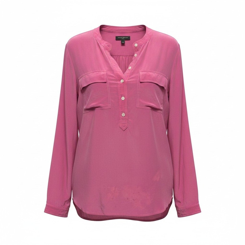 Banana Republic Silk Blouse Womens Large Pink Good Band Collar Utility Pocket